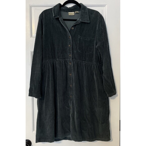 Vintage LL Bean Corduroy Dress 14 Green Midi Cottage Core Prairie Modest Button - Picture 1 of 6